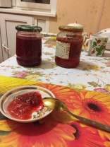Her homemade jams--strawberry and raspberry